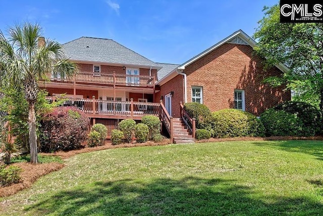 121 Cove View Dr, Irmo, SC 29063 - rear view of house featuring a yard, brick siding, a balcony, and a deck
