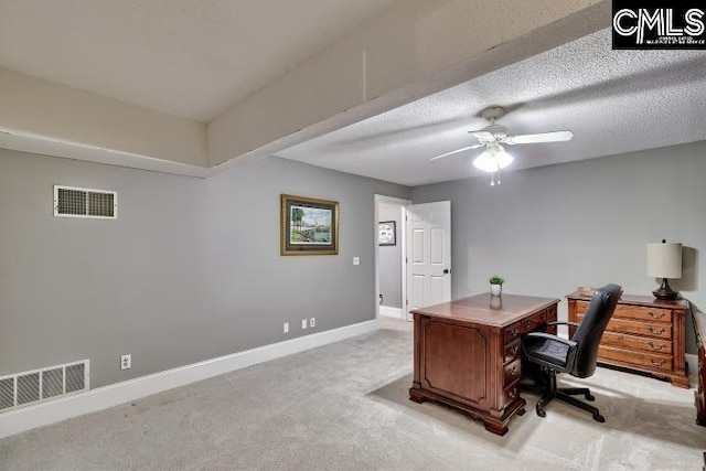 121 Cove View Dr, Irmo, SC 29063 - office space with visible vents, baseboards, ceiling fan, and light colored carpet