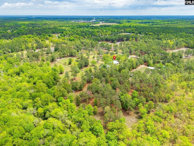 bird's eye view with a wooded view