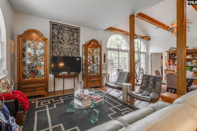 living room with high vaulted ceiling and wood finished floors