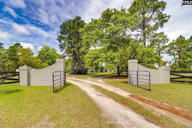 view of road with a gated entry and dirt driveway
