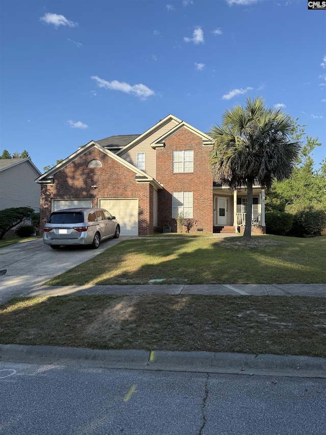 view of front of house with concrete driveway, brick siding, an attached garage, and a front yard