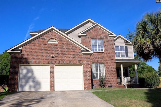 10 Mystic Way Dr, Columbia, SC 29229 - traditional-style home with driveway, brick siding, covered porch, a front lawn, and a garage