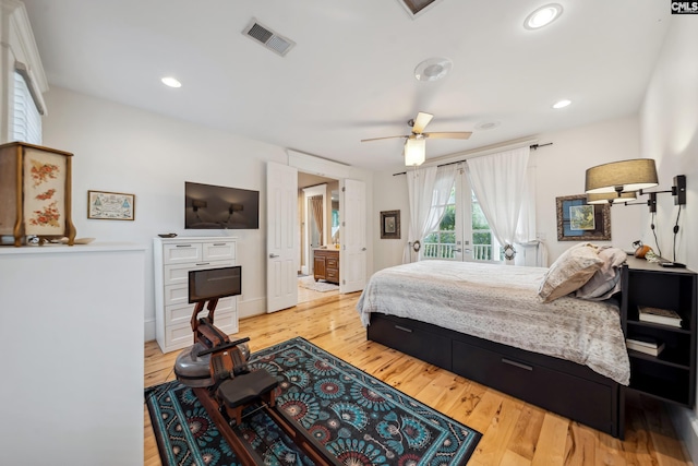 bedroom featuring visible vents, access to exterior, light wood-type flooring, recessed lighting, and a ceiling fan