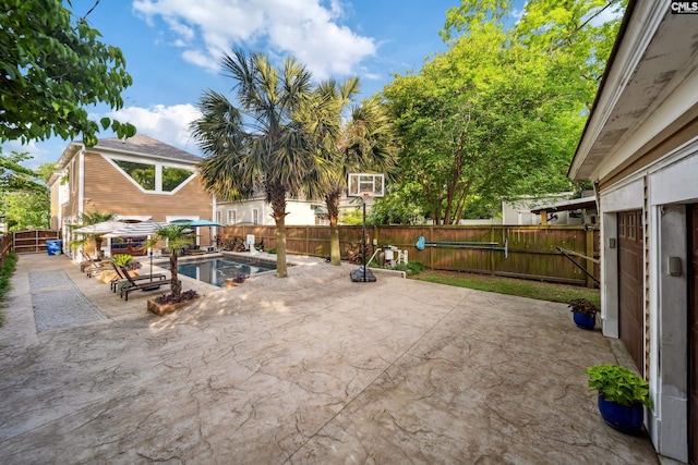 view of patio featuring a fenced backyard and a fenced in pool