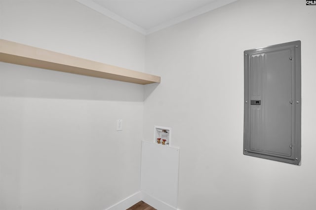 laundry area featuring electric panel, laundry area, ornamental molding, washer hookup, and baseboards