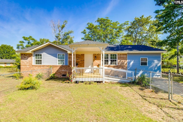 single story home featuring a front lawn, brick siding, crawl space, and fence
