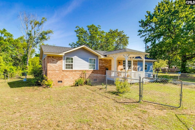 view of front facade featuring covered porch, fence private yard, a front yard, and crawl space