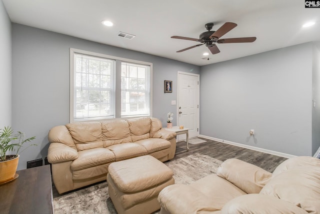 living room with recessed lighting, baseboards, visible vents, ceiling fan, and wood finished floors