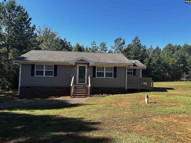 629 Crystal Creek Cir, Chapin, SC 29036 - ranch-style house featuring a wooden deck, a shingled roof, a front lawn, and crawl space