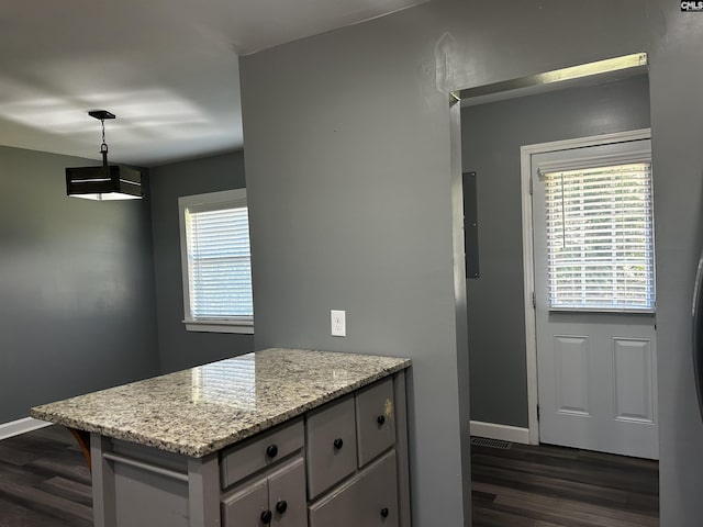 629 Crystal Creek Cir, Chapin, SC 29036 - kitchen featuring baseboards, hanging light fixtures, a peninsula, and dark wood-style floors