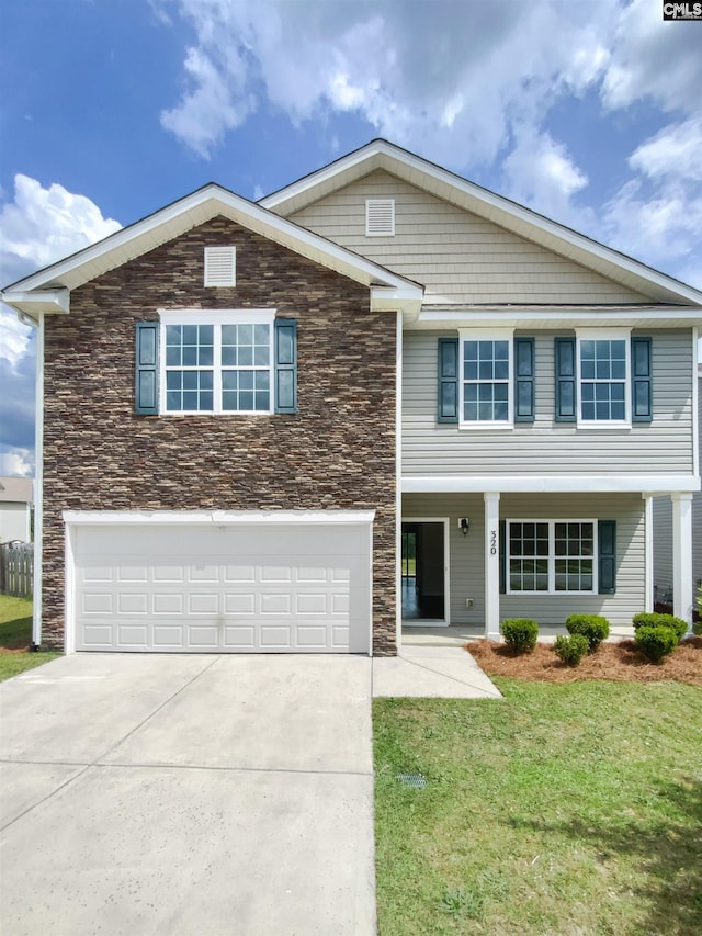 320 Southbrook Dr, Lexington, SC 29073 - view of front facade with a porch, an attached garage, stone siding, concrete driveway, and a front yard