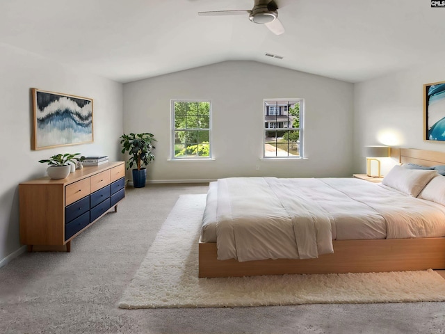 320 Southbrook Dr, Lexington, SC 29073 - bedroom with a ceiling fan, visible vents, baseboards, light colored carpet, and lofted ceiling