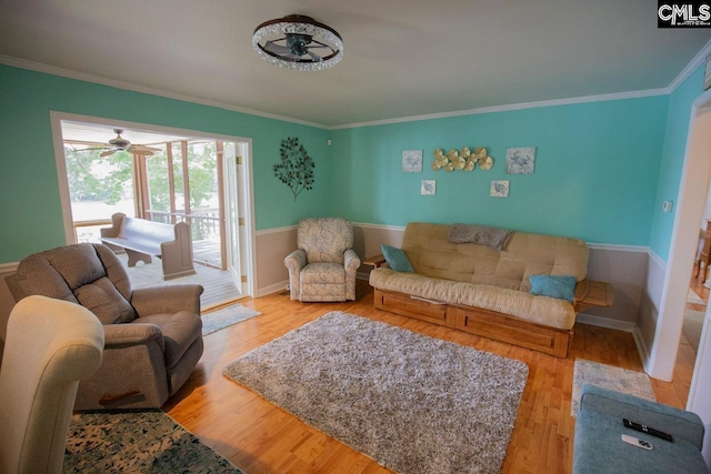 2081 Great N Rd, Winnsboro, SC 29180 - living area featuring a ceiling fan, baseboards, crown molding, and wood finished floors