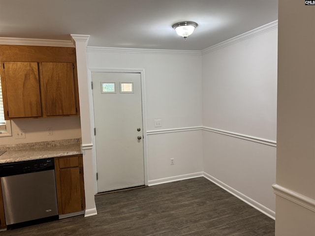 interior space featuring brown cabinets, light countertops, dark wood-style flooring, and dishwasher