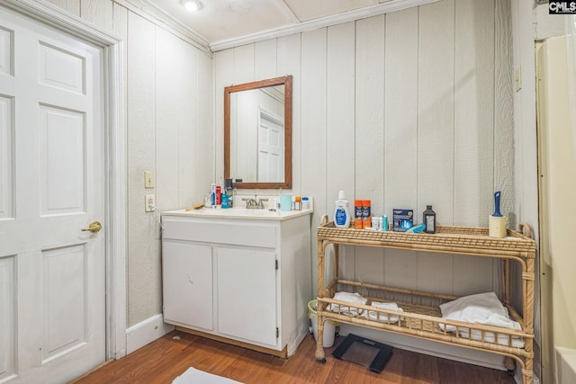 bathroom with wood finished floors and vanity