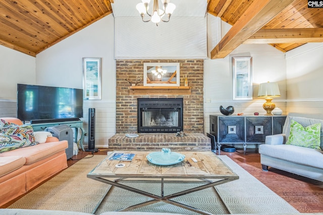 living area featuring lofted ceiling, wood ceiling, a chandelier, a wainscoted wall, and wood finished floors