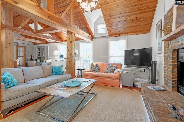 living room featuring a wainscoted wall, high vaulted ceiling, wooden ceiling, an inviting chandelier, and a fireplace