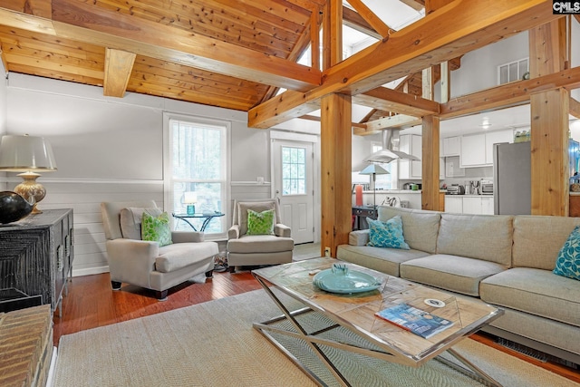 living area featuring beam ceiling, wood finished floors, and wainscoting
