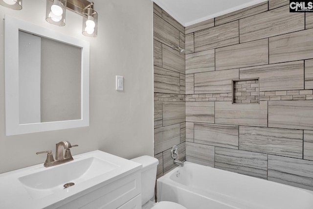 full bathroom with shower / bath combination, vanity, and toilet