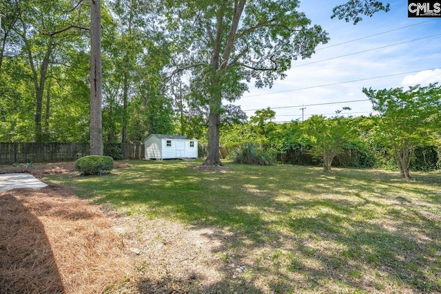 view of yard with a storage shed, an outdoor structure, and fence