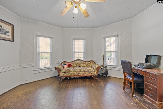 office area featuring crown molding, hardwood / wood-style flooring, and plenty of natural light
