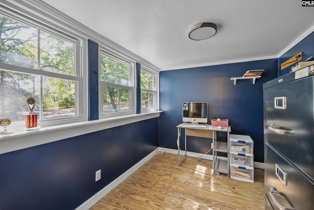 office area with crown molding, baseboards, and wood finished floors