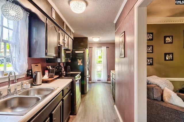 kitchen with light wood-style flooring, a sink, a textured ceiling, stainless steel microwave, and electric stove