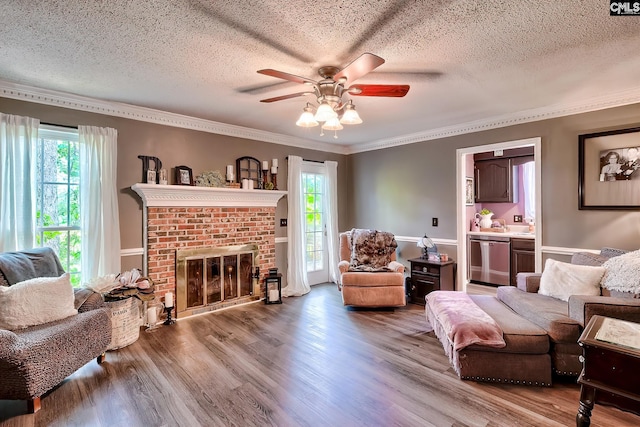 living area with a wealth of natural light, ornamental molding, ceiling fan, and a textured ceiling
