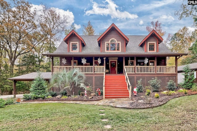 view of front of home featuring a porch, stairway, a front yard, and roof with shingles