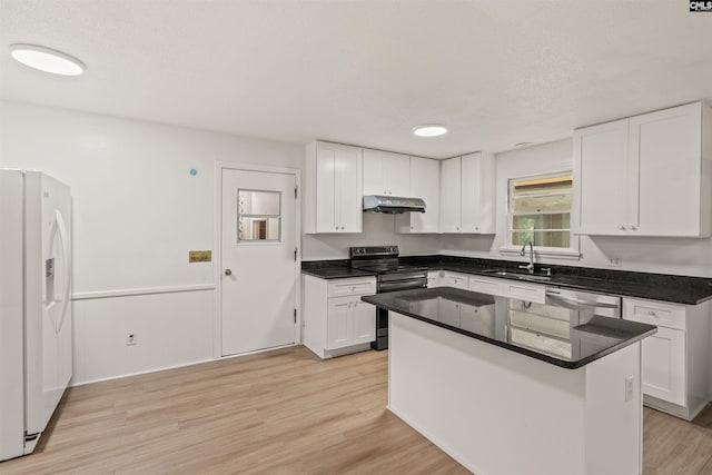 5227 Bush River Rd, Columbia, SC 29212 - kitchen featuring appliances with stainless steel finishes, a sink, under cabinet range hood, white cabinetry, and a textured ceiling