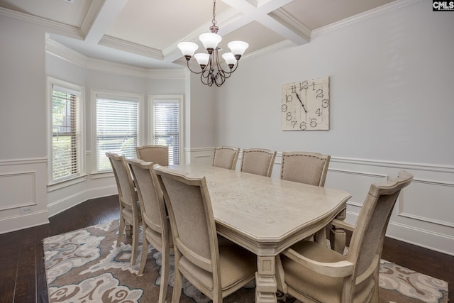 dining space with an inviting chandelier, coffered ceiling, a wainscoted wall, beamed ceiling, and dark wood-style floors