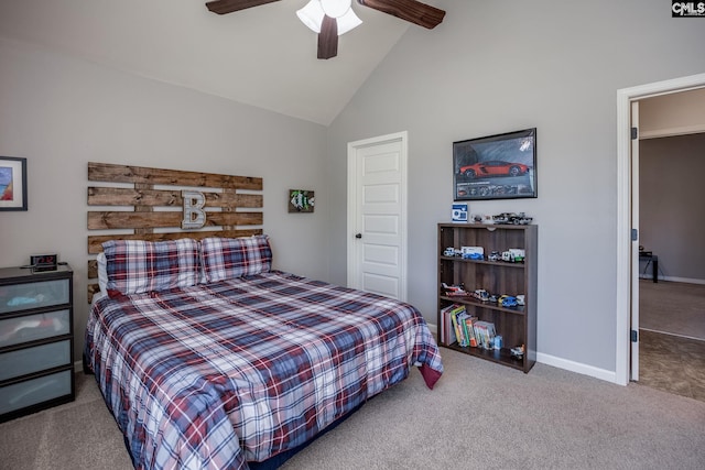 carpeted bedroom featuring ceiling fan, baseboards, and high vaulted ceiling