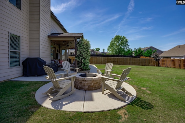 view of patio / terrace with a fenced backyard, an outdoor fire pit, area for grilling, and ceiling fan