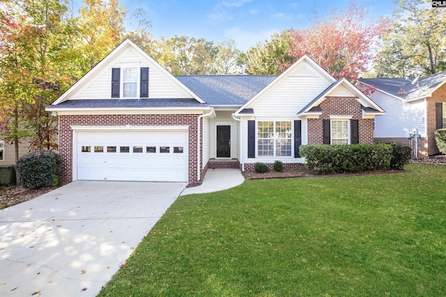 single story home featuring a front lawn, brick siding, and driveway