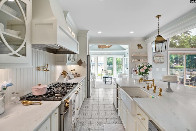 kitchen featuring premium range hood, white cabinets, a healthy amount of sunlight, and appliances with stainless steel finishes