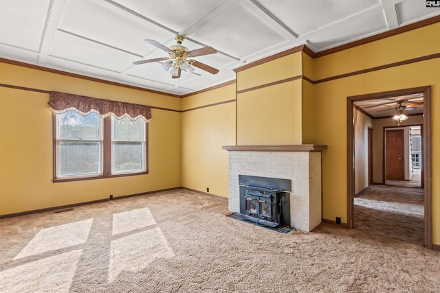 unfurnished living room featuring carpet flooring, coffered ceiling, and a ceiling fan