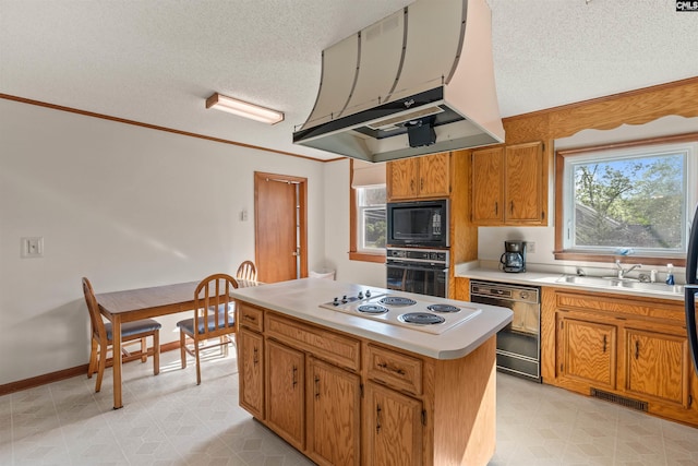 kitchen with a sink, a textured ceiling, black appliances, visible vents, and light countertops