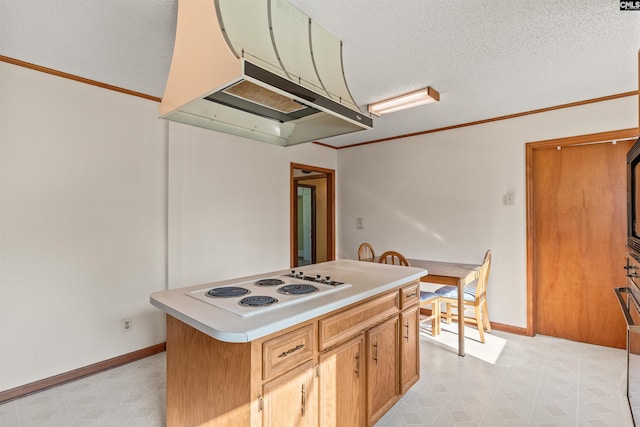 kitchen featuring white electric cooktop, light floors, baseboards, and under cabinet range hood