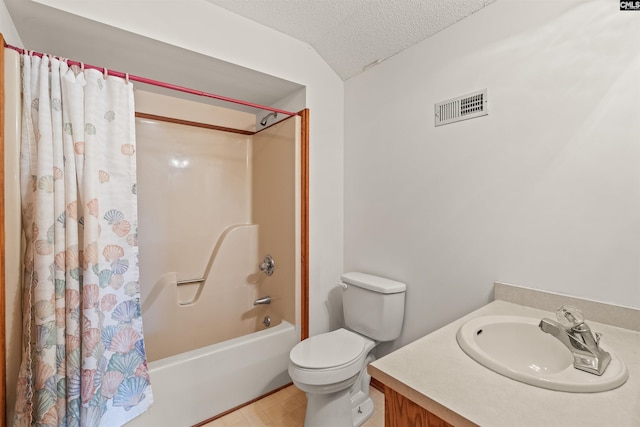 bathroom with a textured ceiling, toilet, visible vents, vanity, and shower / bathtub combination with curtain