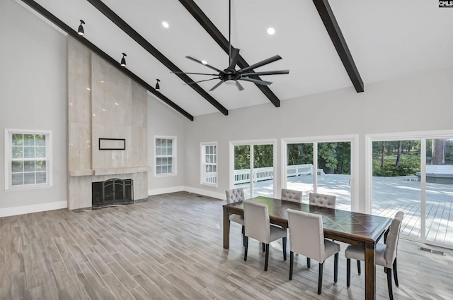 15 Glenlake Rd, Columbia, SC 29223 - dining space with beam ceiling, visible vents, baseboards, and high vaulted ceiling