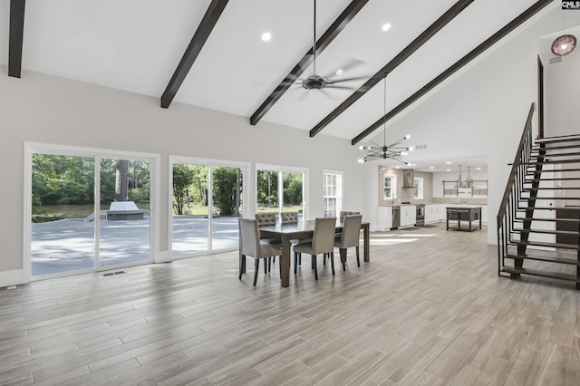 15 Glenlake Rd, Columbia, SC 29223 - dining space featuring visible vents, high vaulted ceiling, beamed ceiling, stairway, and light wood-type flooring