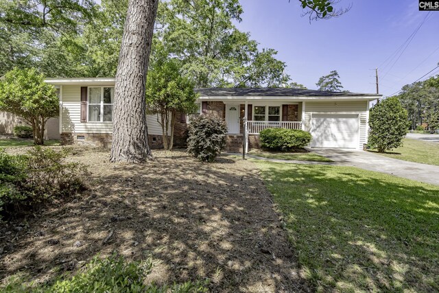 single story home with covered porch, an attached garage, crawl space, a front lawn, and driveway