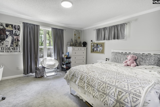 carpeted bedroom featuring a textured ceiling and ornamental molding