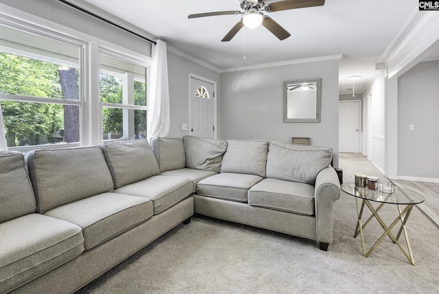 living room with baseboards, ornamental molding, attic access, and ceiling fan