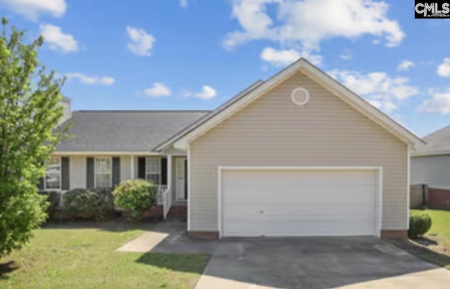 ranch-style home with concrete driveway, a front lawn, and an attached garage
