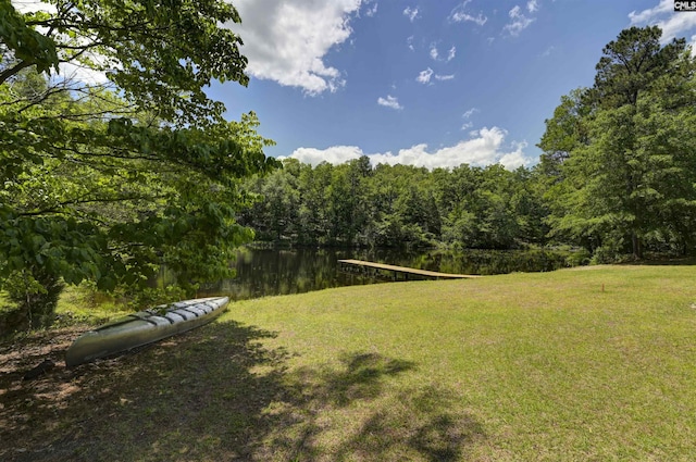 view of yard featuring a forest view and a water view