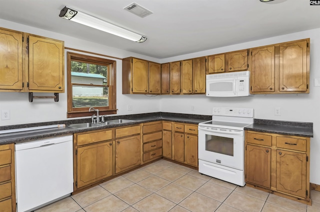 kitchen featuring a sink, dark countertops, brown cabinetry, visible vents, and white appliances