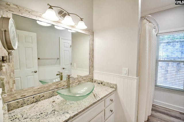 bathroom featuring vanity, a wainscoted wall, and wood finished floors