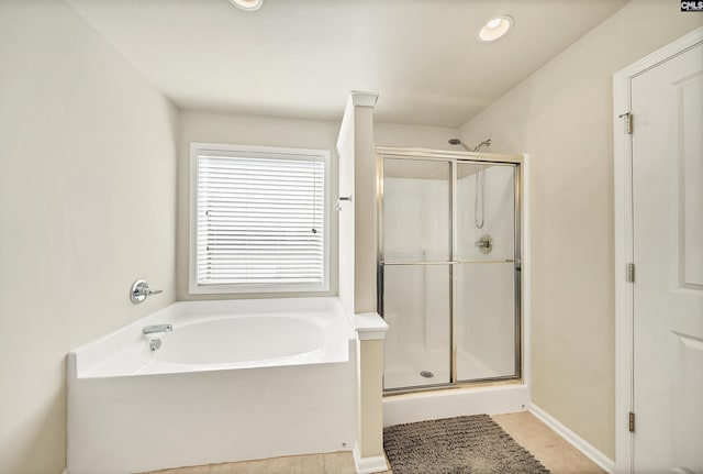 bathroom with a garden tub, tile patterned flooring, a shower stall, and recessed lighting